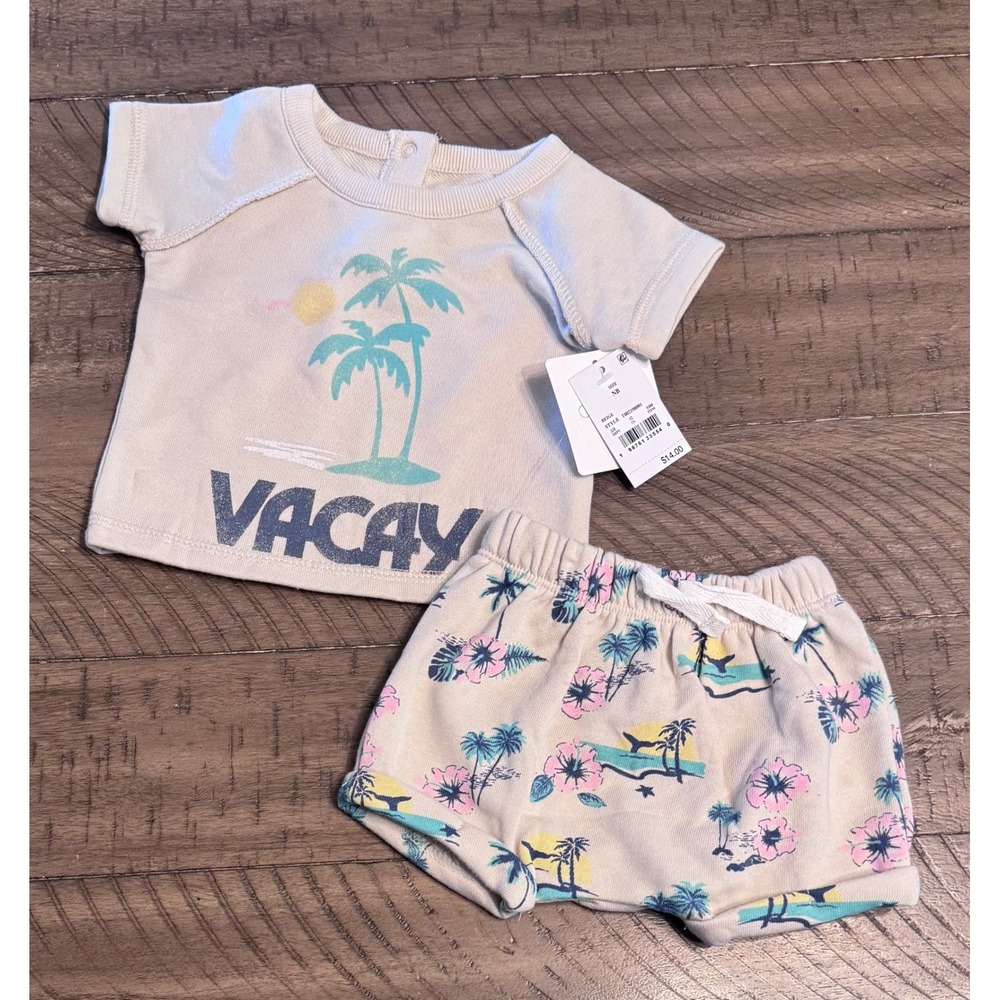Grayson Mini Newborn Beige Vacay Palm Tree Tropical Hibiscus Short Set